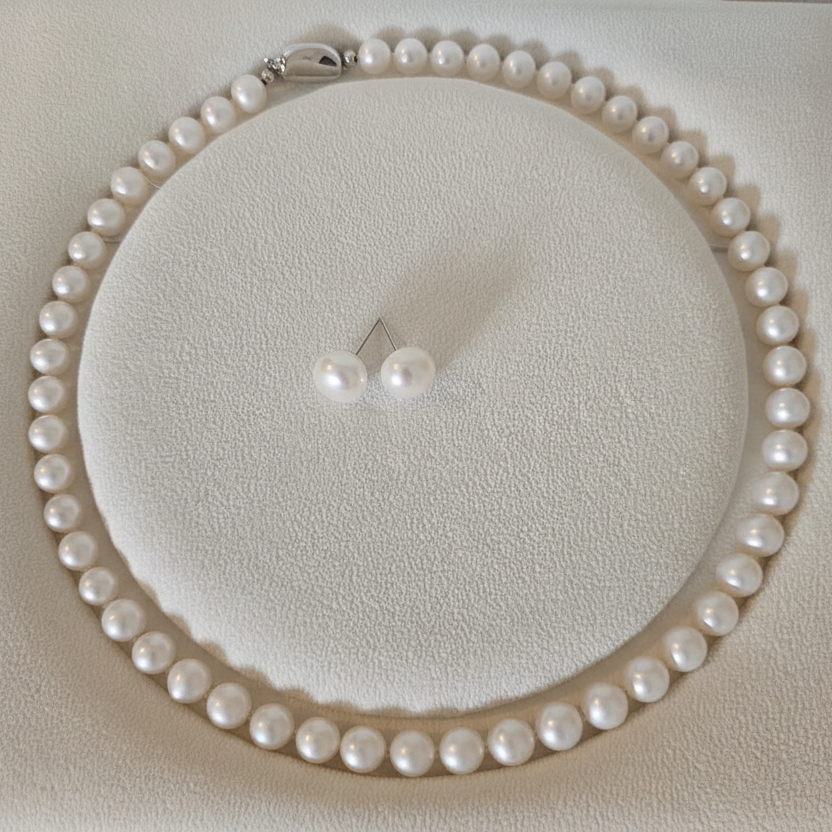 Classic White Glow · Freshwater Pearl Necklace & Stud Earring Set