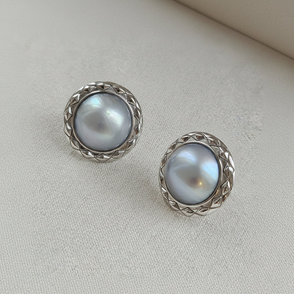 12mm Mabe Pearl Stud Earrings with Framed Silver Setting