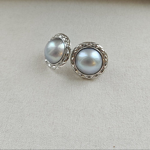 12mm Mabe Pearl Stud Earrings with Framed Silver Setting