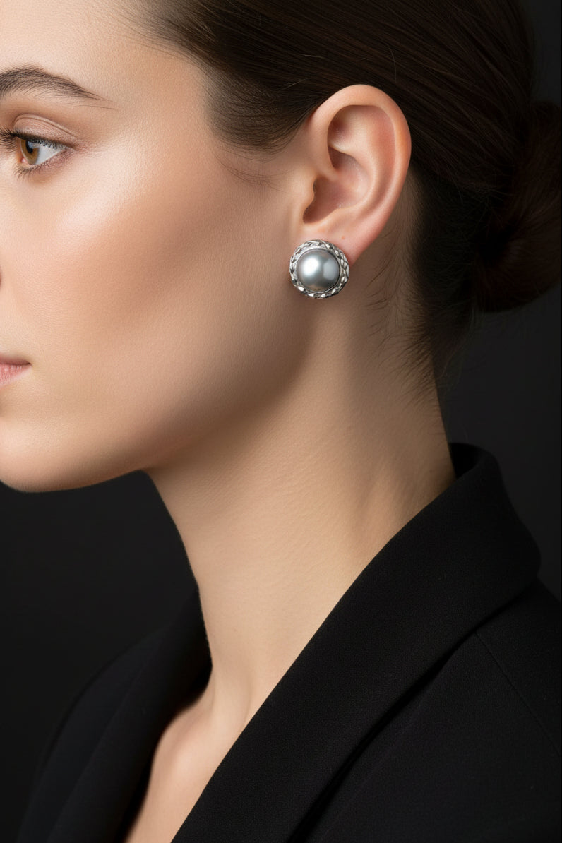 12mm Mabe Pearl Stud Earrings with Framed Silver Setting