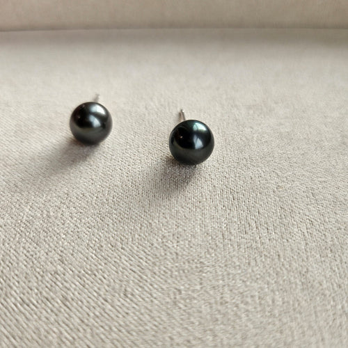 Black Tahitian Pearl Stud Earrings, Classic Round, 8-8.5mm