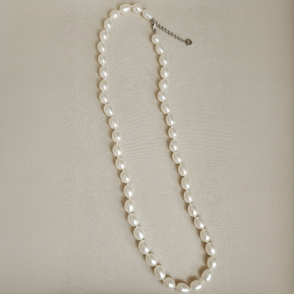 White Oval Freshwater Pearl Necklace with Silver Clasp