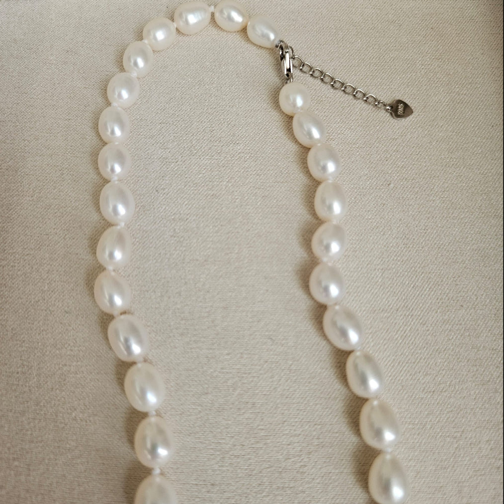 White Oval Freshwater Pearl Necklace with Silver Clasp