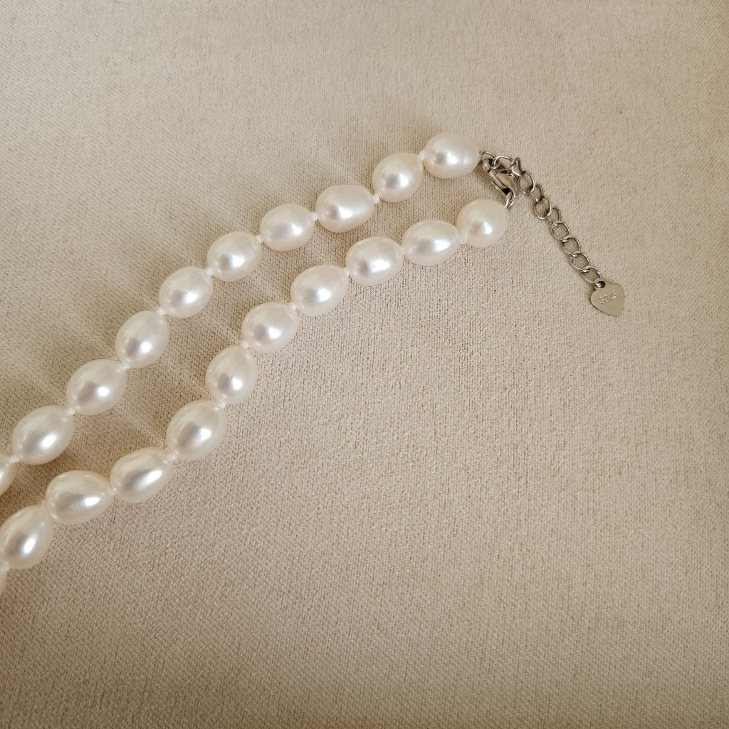 White Oval Freshwater Pearl Necklace with Silver Clasp