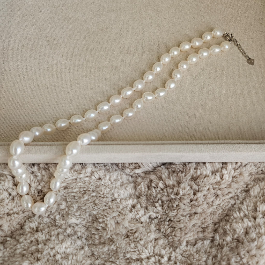 White Oval Freshwater Pearl Necklace with Silver Clasp